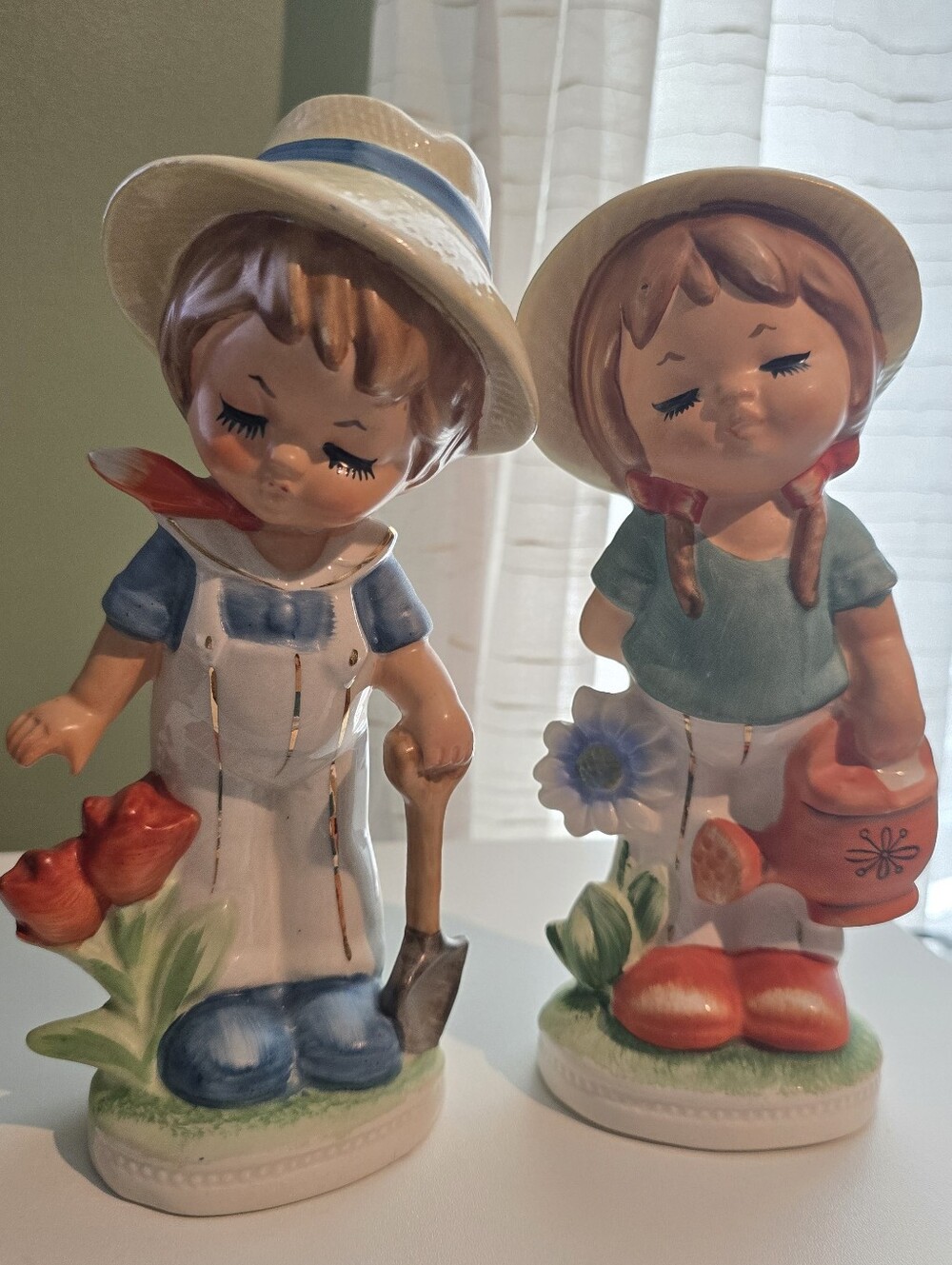 Ceramic Boy and Girl Garden Figurine Set - White, Blue, Red
